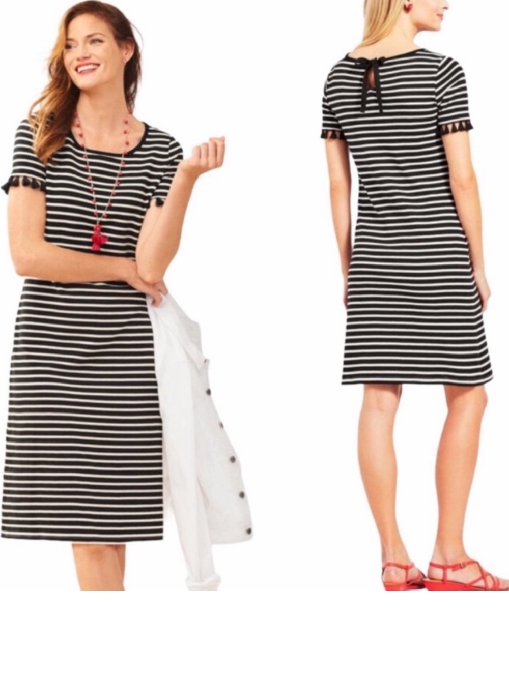 Talbots Black & White Striped Petite Dress with Tassled Trim - Large Petite